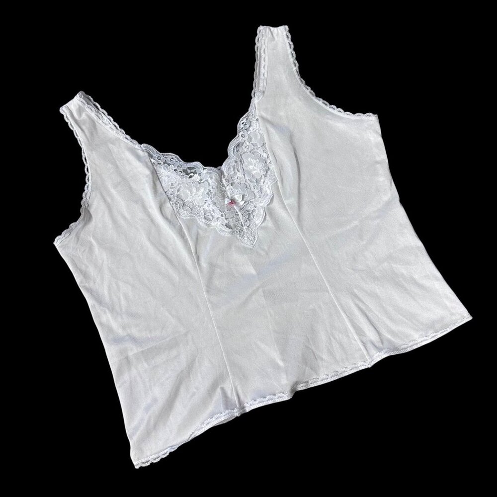 Vintage White Lace Trim Camisole Tank Top USA 1980s Romantic Undershirt Retro - Picture 1 of 6